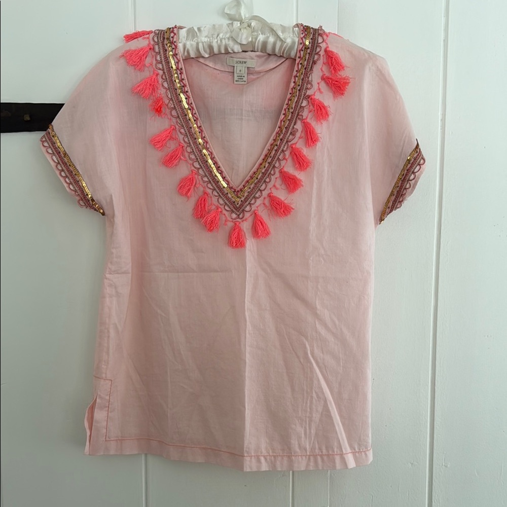 J. Crew Pink Embellished Short Sleeve Blouse